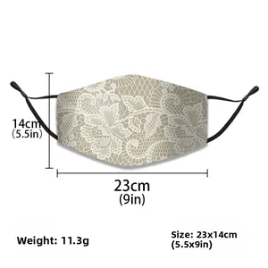 Detailed size specifications of lace face mask showing 9x5.5 inch dimensions and weight