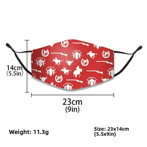 Detail view of red Christmas face mask with cowboy sheriff print and 23x14cm dimensions