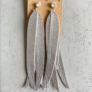 Silver layered leaf earrings with leather texture and sparkling round zircon studs