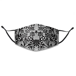 Three-layer cotton fashion face mask with black and white floral lace pattern and adjustable loops