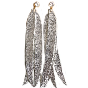 Leaf shaped faux leather drop earrings with textured silver finish and sparkling cubic zirconia