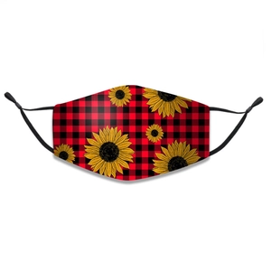 Three-layer cotton Christmas mask with red buffalo plaid and yellow sunflower prints