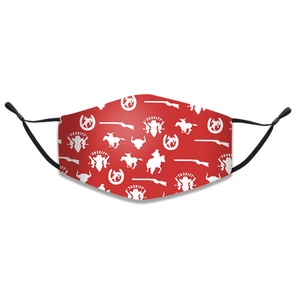 Detail of red Christmas face mask with white western sheriff motifs and adjustable ear loops