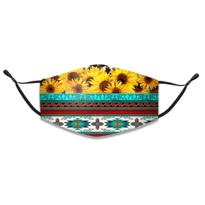 Detail of western Aztec print cotton face mask with adjustable ear loops and sunflowers