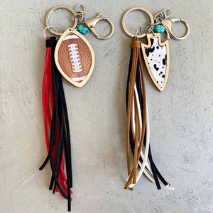 Porte-clés à Gland Football Américain Cuir Bois Perles de Turquoise Artificielle Charme de Sac Sportif pour Fans
