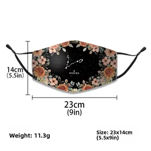 Detailed flat lay of Pisces constellation printed cotton mask with floral patterns and size