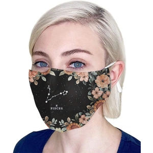 Three-layer cotton face mask with Pisces zodiac floral print and ear loops for adults