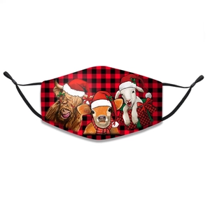 Detail of Christmas cotton mask with adjustable ear loops and red buffalo plaid pattern