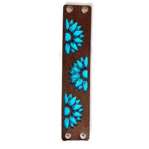 Bracelet manchette en cuir marron avec tournesols turquoise et boutons-pression en métal