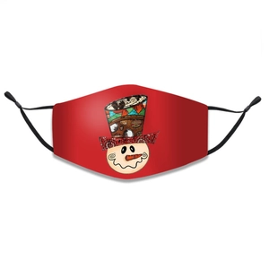Detailed view of red Christmas face mask with snowman pattern and adjustable ear loops