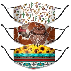 Western Aztec Cowboy Print Cotton Face Mask Triple Layer Reusable Washable Breathable Dustproof Cover Adjustable Ear Loops