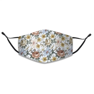 Detail of floral print cotton face mask with adjustable ear loops and nose bridge