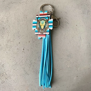 Portachiavi con Nappina in Pelle Bohemian Western Motivo Etnico Azteco Teschio di Toro Cactus Ciondolo per Borsa Gioielli Donna