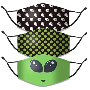 Detailed view of three-layer cotton face masks with skull, dot, and alien prints