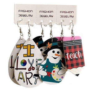 Creative PU leather earrings set with art, snowman and teacher themes on white card