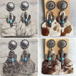 Pendientes de Gota de Cactus de Aleación Bohemio Occidental para Mujeres Pelo de Caballo Sintético Estampado de Vaca Leopardo Joyas Vintage Turquesa
