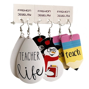 PU leather teardrop earring set with teacher theme and festive snowman designs