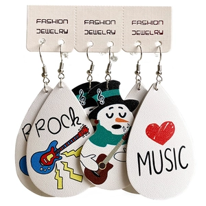 Three pairs of PU leather teardrop earrings featuring rock music and snowman themes