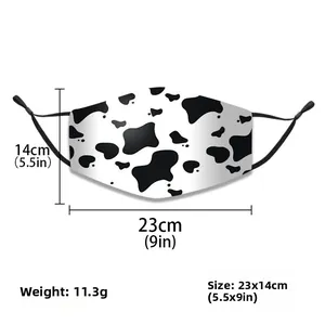 Detailed size chart of cow print cotton face mask with adjustable ear loops