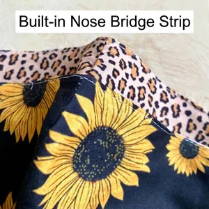 Three-layer cotton face mask with sunflower and leopard print featuring adjustable nose bridge