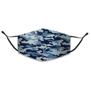 Detail of blue camouflage three-layer cotton mask with adjustable black ear loops