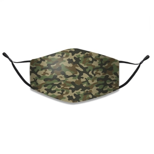 Close-up of triple-layer camo face mask with adjustable ear loops and breathable fabric