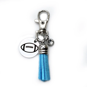 Porte-clés de sport en acier avec pendentif football, pompon bleu et breloque cristal