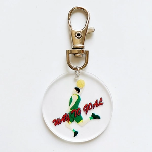 Detail of acrylic basketball keychain with Way To Goal text and athlete illustration