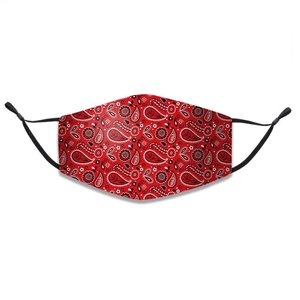 Three-layer cotton face mask with red paisley pattern and adjustable ear loops