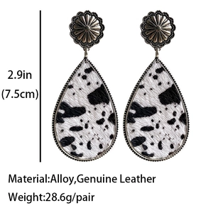 Bohemian silver sunflower earrings with teardrop cow print genuine leather pendants