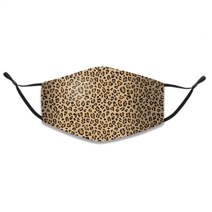 Macro detail of breathable leopard print cotton face mask with adjustable ear loops