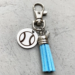 Porte-clés baseball en acier inoxydable avec gland bleu ciel et strass brillant