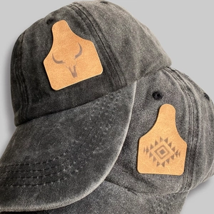 Vintage washed denim baseball caps with bull skull and Aztec leather patches