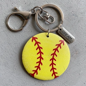 Llavero deportivo de béisbol de madera con costuras rojas y colgante de metal Dream