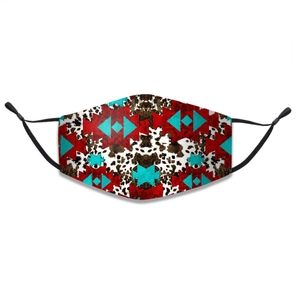 Detail of adjustable cotton face mask with tribal geometric pattern and elastic ear loops