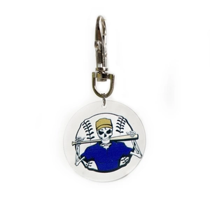 Acrylic skull baseball keychain with blue jersey and yellow cap on white background