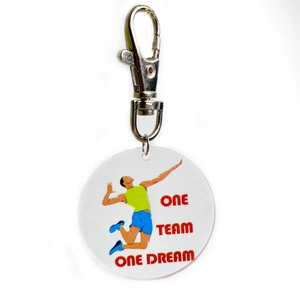 Volleyball keychain with One Team One Dream acrylic charm and silver metal lobster clasp