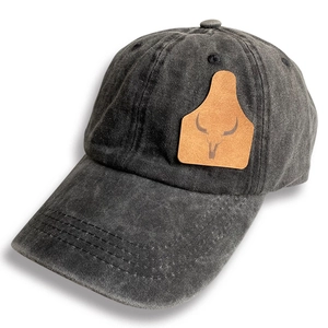 Washed charcoal denim baseball hat with Western Aztec cow skull leather patch detail
