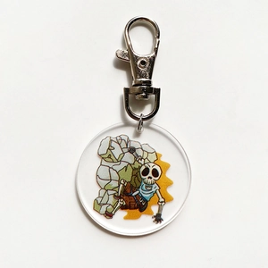 Cartoon skeleton explorer acrylic keychain with durable metal clasp on white background