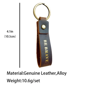 Retro crazy horse leather keychain with Be Brave engraving and bronze alloy ring
