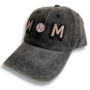 Gray washed denim baseball cap with pink embroidered Baseball MOM lettering design