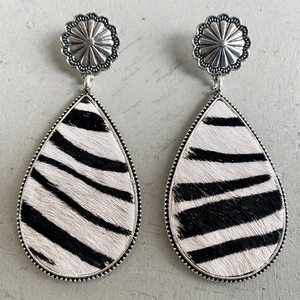 Bohemian silver waterdrop earrings with faux zebra fur animal print and sunburst studs