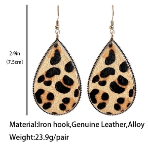 Leopard print horsehair leather teardrop earrings with metal frame and iron hooks