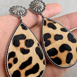 Bohemian leopard print pony hair teardrop earrings with antique silver sunflower studs