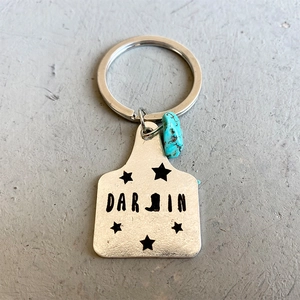 Western style silver keychain with turquoise bead and DARLIN engraved cow ear tag