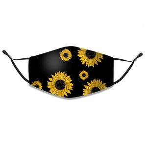 Schwarze Baumwollmaske für Erwachsene mit Sonnenblumendruck und verstellbaren Schlaufen