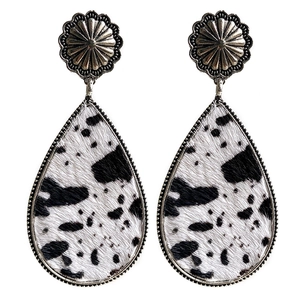 Western style cow print leather teardrop earrings with vintage metal flower studs