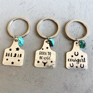 Western Cowboy Metal Keychain Cow Tag Pendant Artificial Turquoise Star Horseshoe Bull Head Letter Engraved Key Ring For Women Men