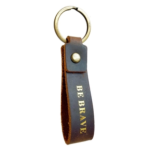 Vintage brown crazy horse leather keychain with Be Brave gold foil embossed engraving
