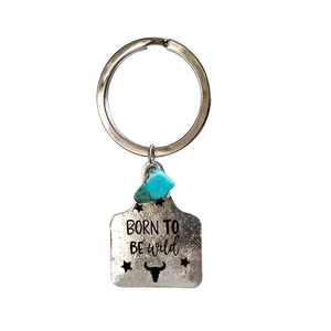 Vintage western turquoise keychain with bull head and Born to Be Wild engraved metal tag